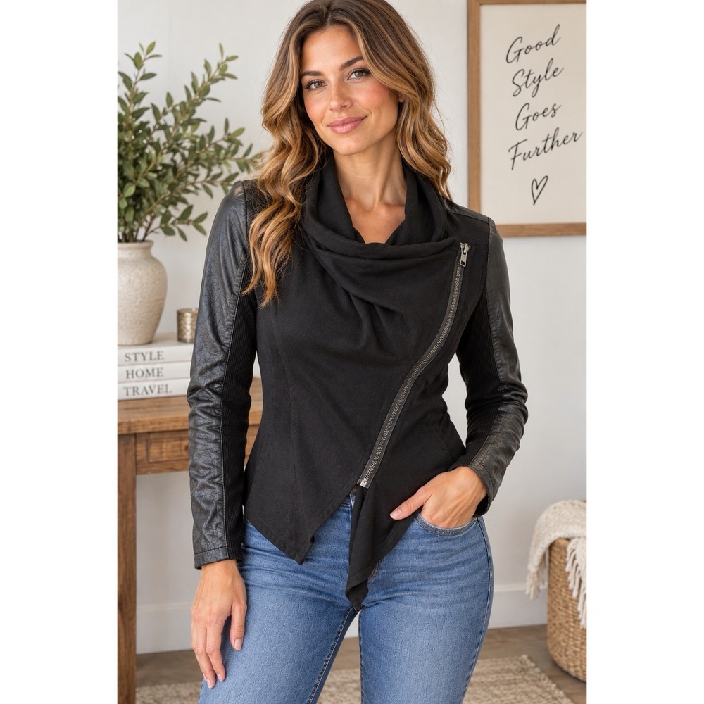 BLANKNYC Women's M Black Faux Leather Mixed Media Draped Moto Jacket